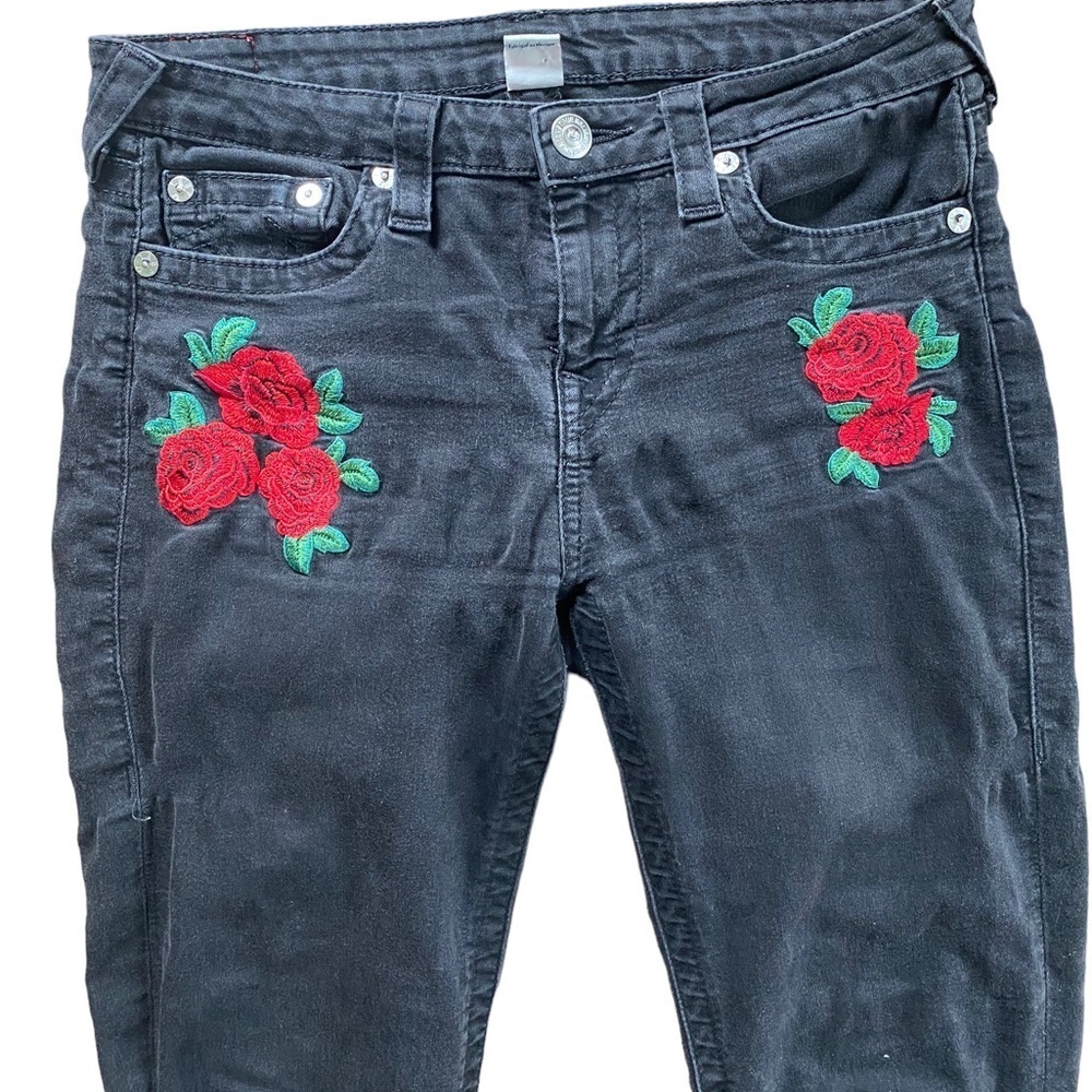 TRUE RELIGION Women's Black Super Skinny Jeans Rose Embroidery Size 31 - Picture 4 of 8